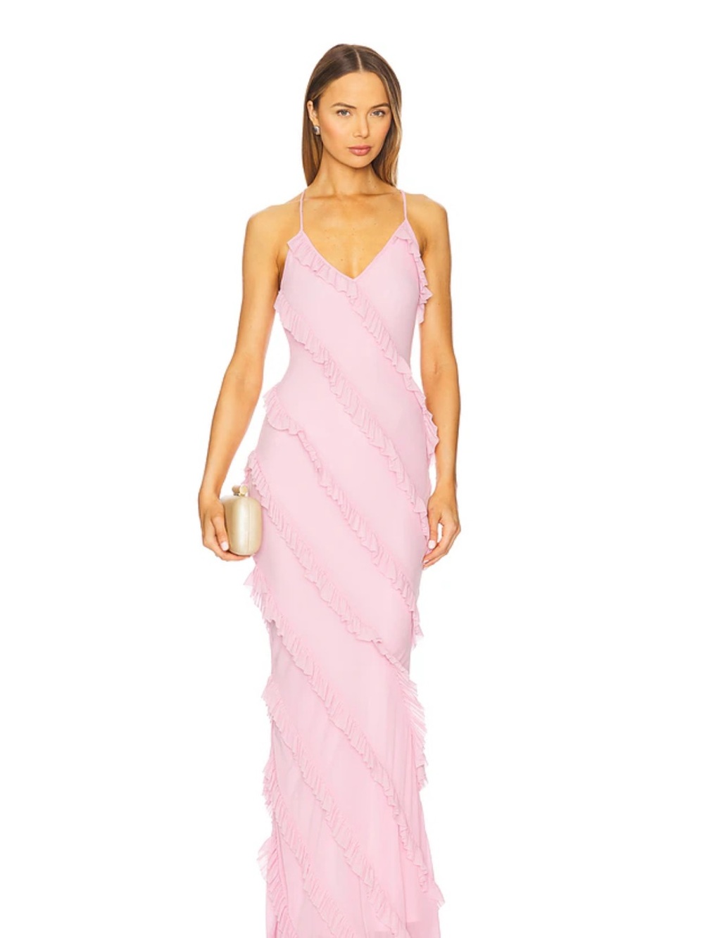 Delicate Pink Ruffle Maxi Dress with Spaghetti Straps